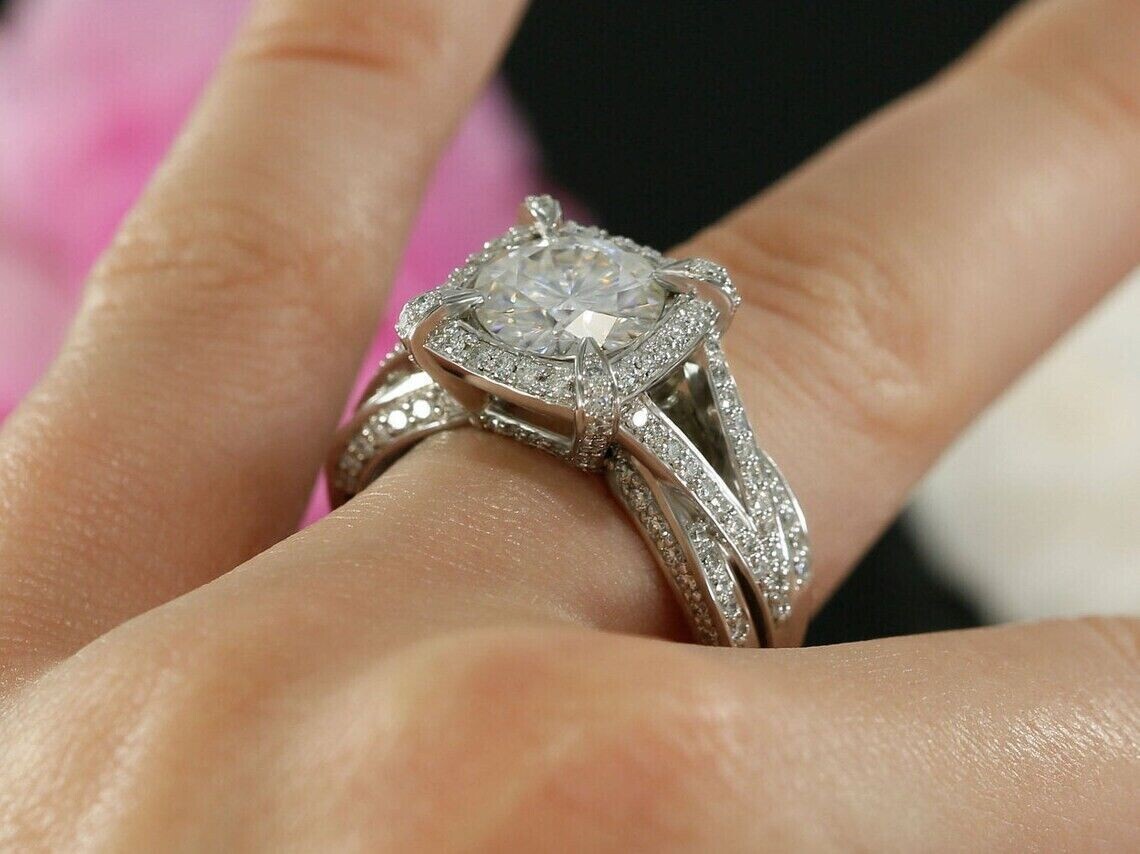 2Ct Lab Created Diamond Halo Split Shank Engagement Ring 14K White Gold Plated