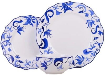222 Fifth 12 Piece Blue Fuchsia Flower Scalloped Dinnerware Set for