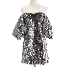 Rhode NWD Dali Sequin Off the Shoulder Puff Sleeve Mini Dress Size 4 in Silver