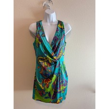 Lauren Ralph Lauren Dress Womens 4 Teal Paisley Faux Wrap Knot Front Mini Boho