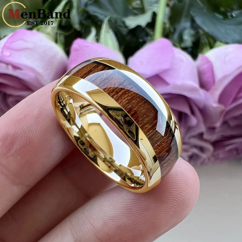 Alianza de boda de carburo de tungsteno anillo 6/8 mm con incrustación de madera roja cúpula ajuste cómodo para mujeres Foto 2 de 4