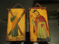 VTG Pair Retablo Saint Andrew & St Jude? Hand Painted Wood Icon Wall Plaque