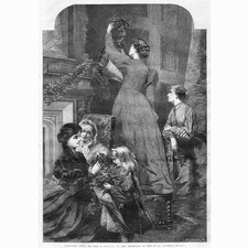 Victorian Family Arranging Christmas Decorations - Antique Print 1865