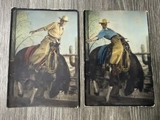 Vtg Mid Century Western Art Prints Pair Cowboy Bucking Bronco Rare Color Variant
