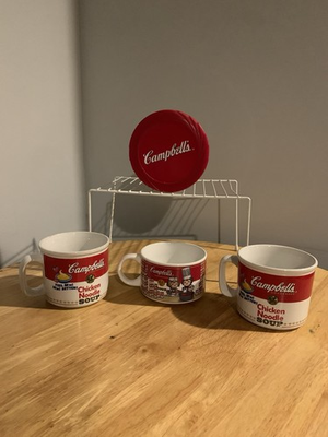 #ad Three Vintage 1997 Campbell’s Soups Mugs and Plastic Soup Container with Lid $24.00