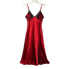VTG Slip Dress Women's M Red Satin Beaded Lace Festive Party Formal Adjustable
