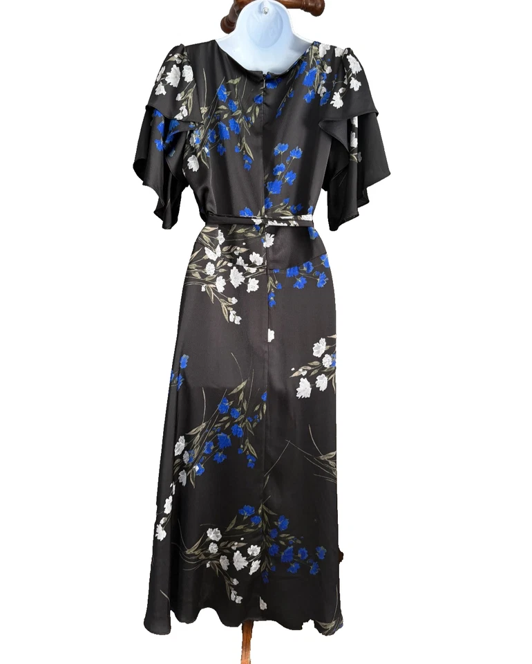 NWT Sz 14 DKNY Black Floral Faux Wrap Dress. Layered Flutter Sleeves. Belted - Image 2 of 3
