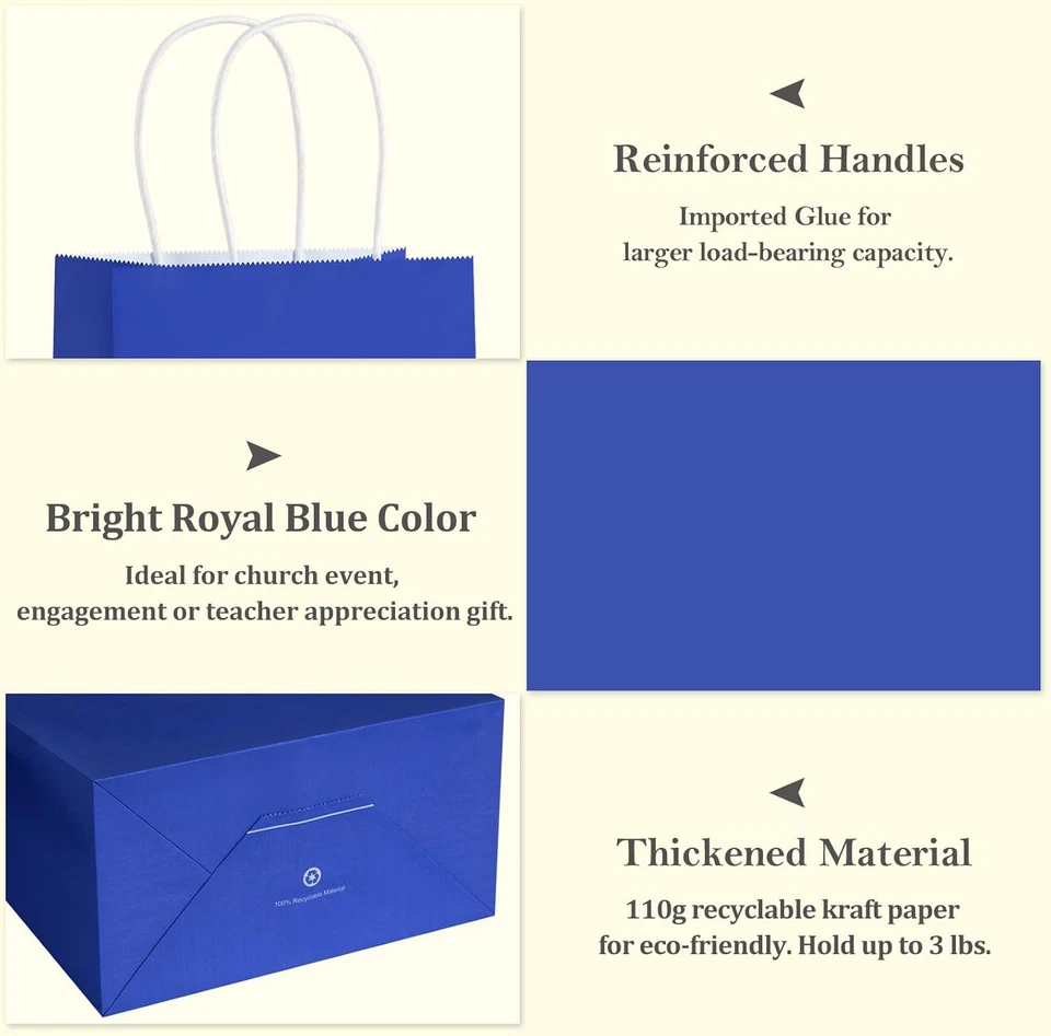 Bolsas de regalo pequeñas de 5,25X3X8 pulgadas 100 piezas con asas bolsas de papel Kraft azul real Bu Foto 3 de 4
