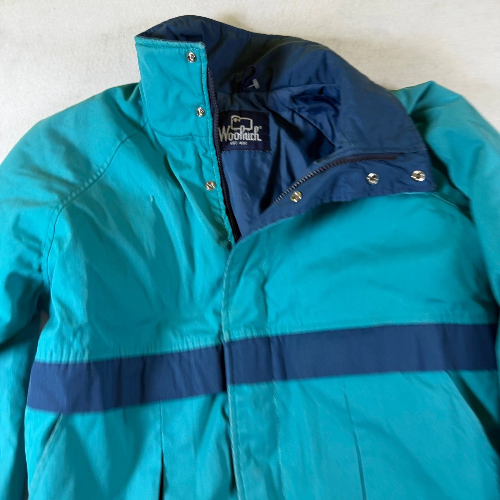 Woolrich Vintage Teal Navy Colorblock Bomber Jacket Zip Snap Front Outerwear