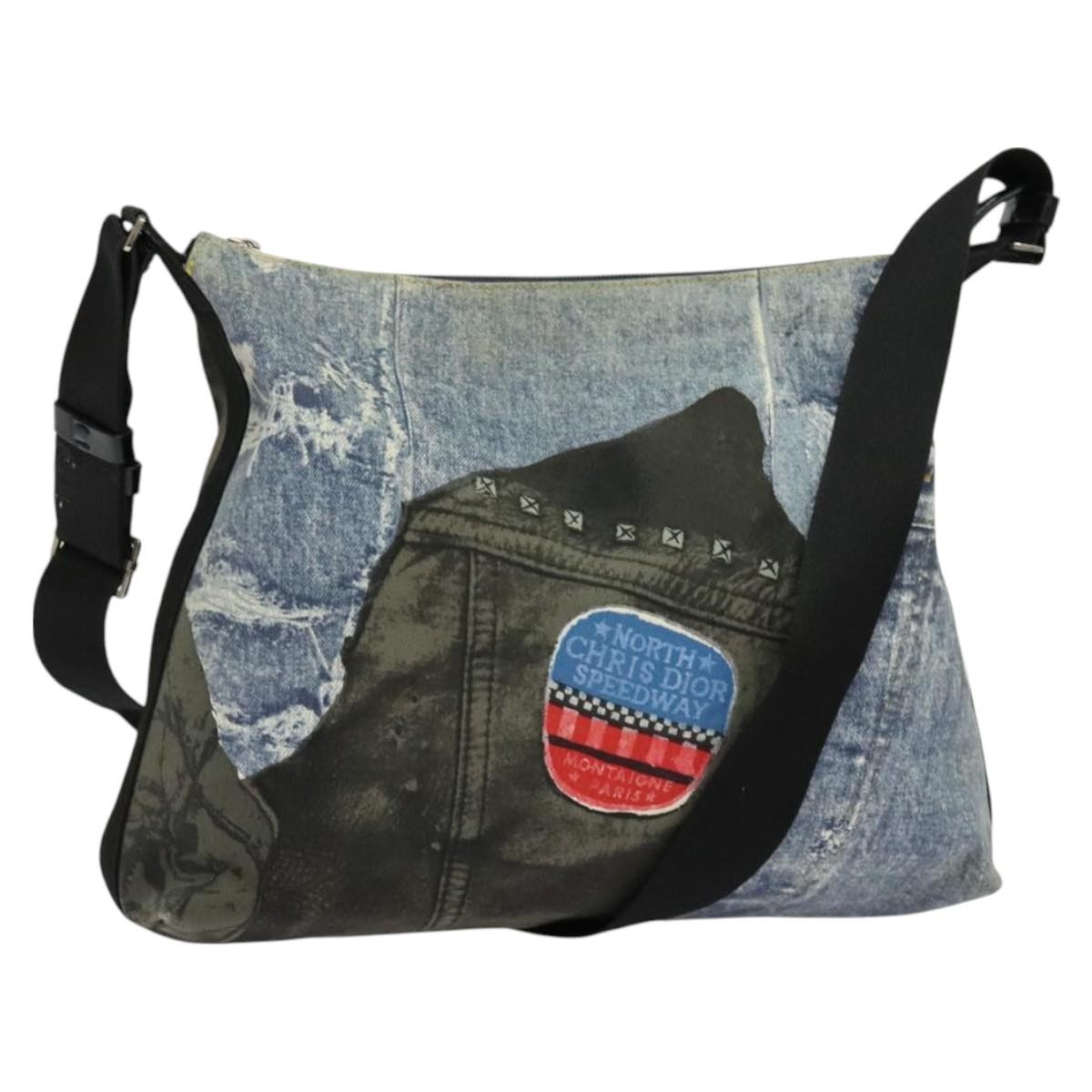 Christian Dior Blue Silver Canvas Shoulder Bag Auth 126522