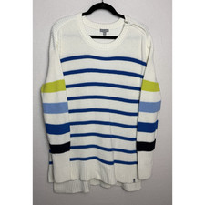 T by Talbots Multi Stripe Crewneck Sweater Size L Preppy Coastal Blue White