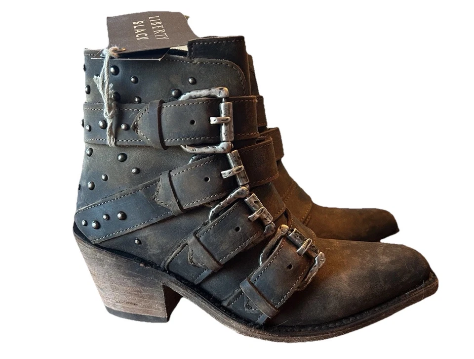 Botín Liberty Negro Amy Western Cuero Marrón Rocker Tachuelas Nuevo Talla 5 Foto 2 de 4