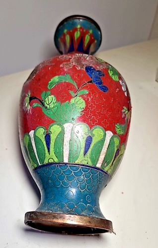 Antique Chinese Export Cloisonne Red Enamel 9.5" Floral Blossom Vase-Distressed - Picture 3 of 16