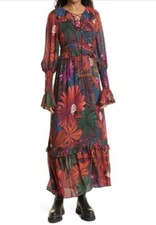 Farm Rio Bird Flowers Long Sleeve Tiered Maxi Dress Size S NWT $295