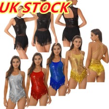 UK Women Fringe Leotard Sequin Leotards Shiny Tassel Jazz Latin Dance Costumes 
