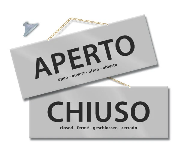 POLITARGHE MAXI Cartello APERTO e CHIUSO cm 28,5x10 ARGENTO kit con catenina e ventosa