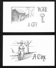 Pair of "A City" Ink Blotter ?* W.A.U. Cards w/ Bicycle Water Wheelc1920's-30's?