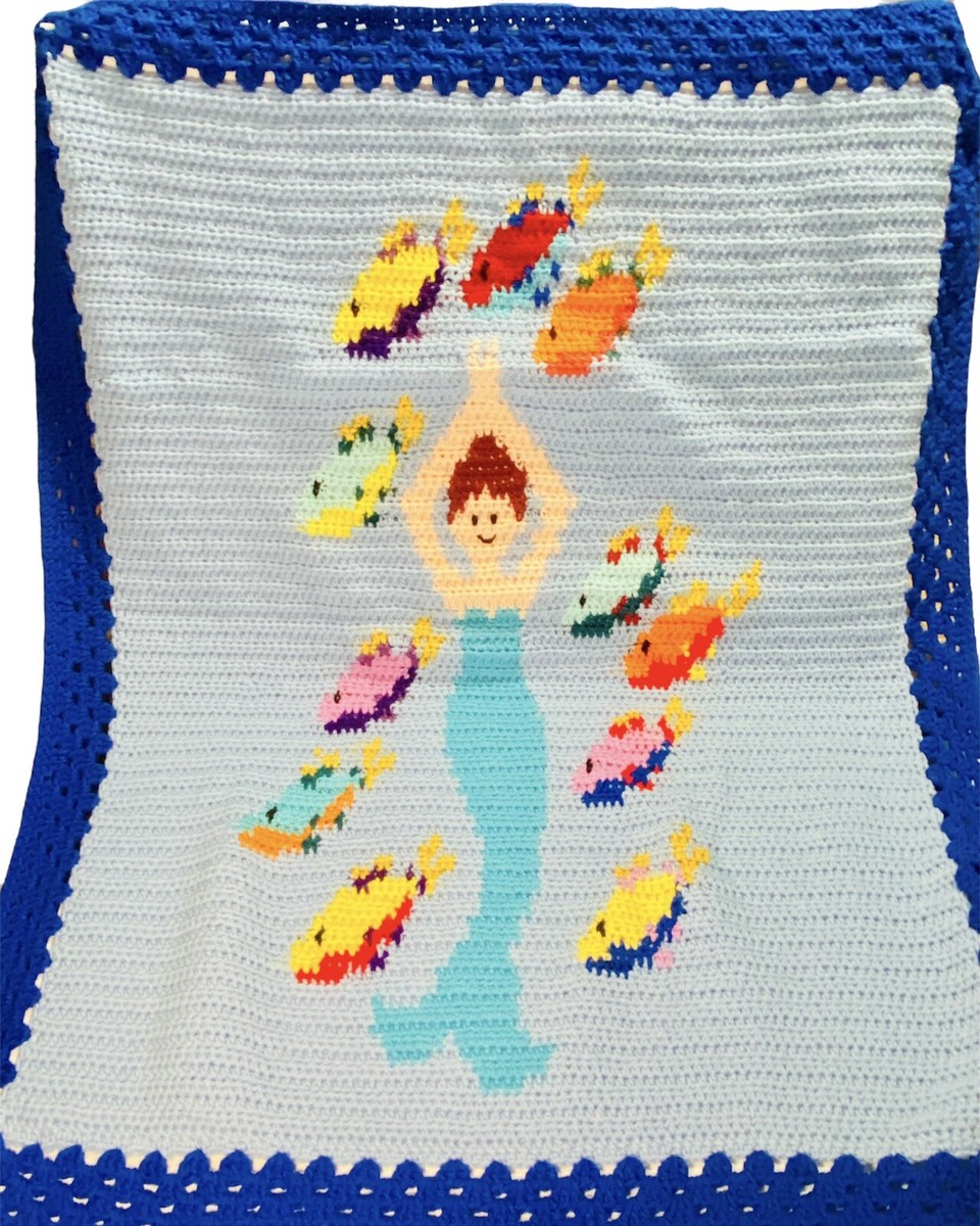 Mermaid Tail Fish Sea Warter Crochet Blanket Throw Afghan Granny