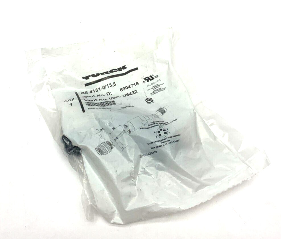 Turck BS 4151-0/13,5 Connector 7/8"-16 Male Straight FA 5Pin 10-12mm U6422