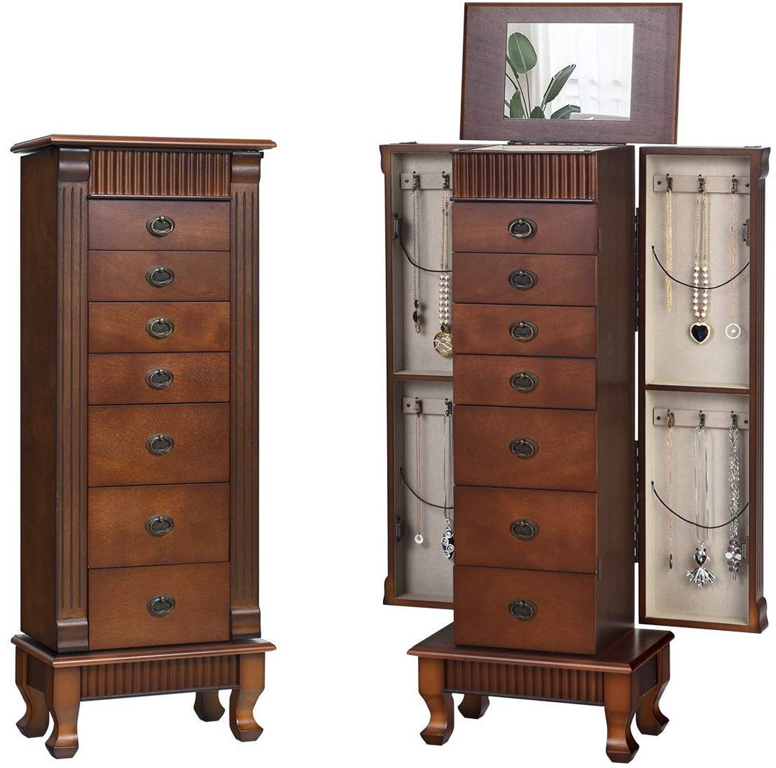 Standing Jewelry Armoire Cabinet Storage Chest, Makeup Mirror and Top Divided...