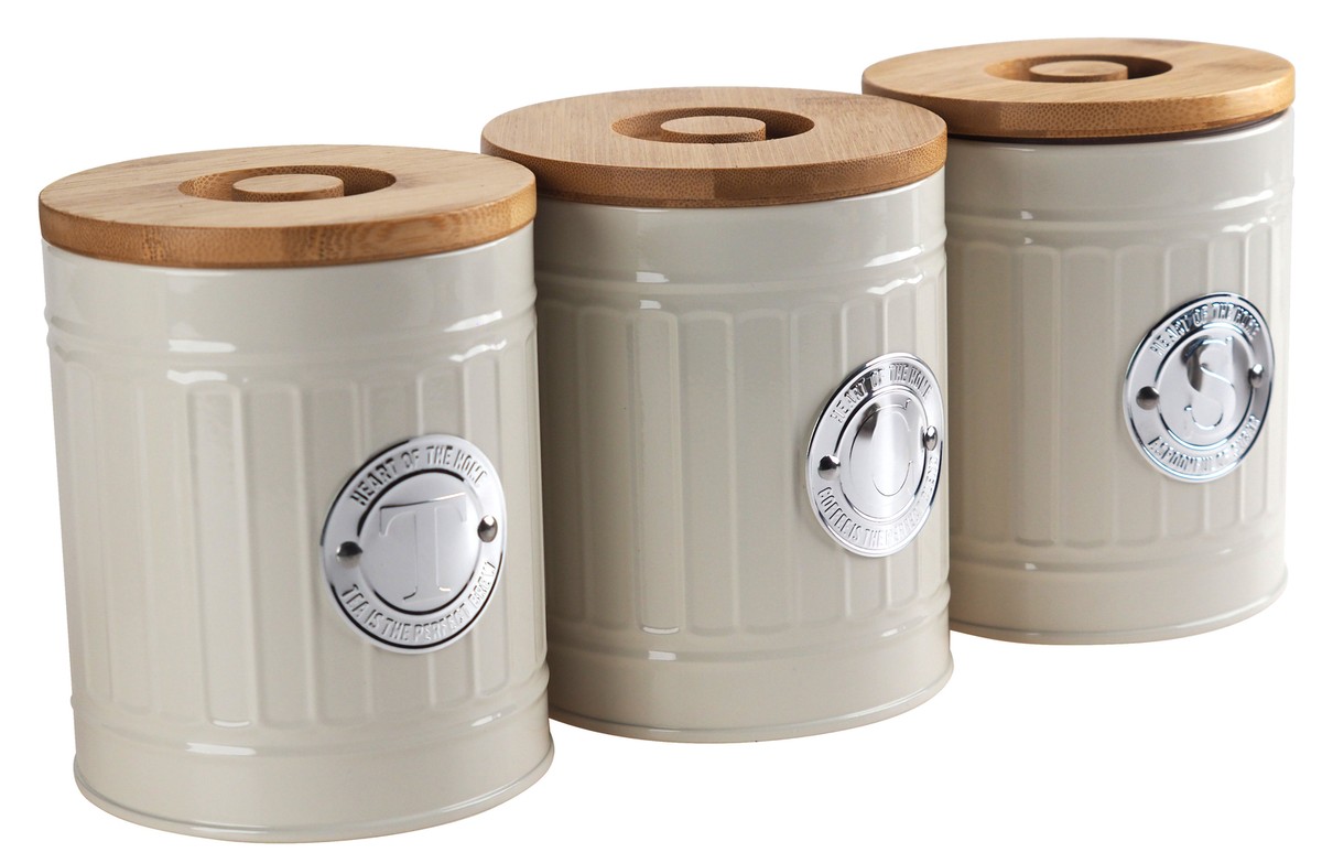 Cream Design Metal Tea Coffee Sugar Canisters wooden Lids Set