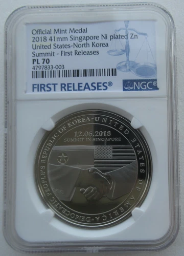 NGC PL70 FR Singapore 2018 US and Korea World Peace Summit Ni Plated Zn Medal