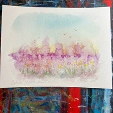 Landscape original painting Sunset watercolor art orchard trees birds Artettina