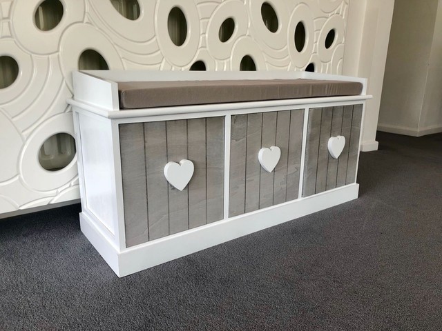 Grey White Vintage Wooden Storage Unit Bench Seat Shabby