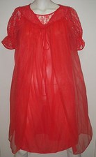 Vtg 60s Red Peignoir Set Lace Nylon Chiffon Nightgown Robe S Union Made Bridal