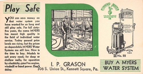 I P Grason Kennet Square Pa Play Safe Myers Water System small advtg blotter