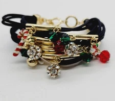 Christmas Charm Bracelet Layered Black Beaded Multicolored Statement 7.5 in