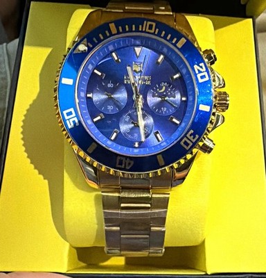 Montres Prestige Men's Quartz Chronograph Blue Dial/Bezel Gold Bracelet w/ Box