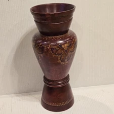 Vtg Red Solid Turned Wood Decorative Vase Hand Crafted 14"H Thailand Handpainted