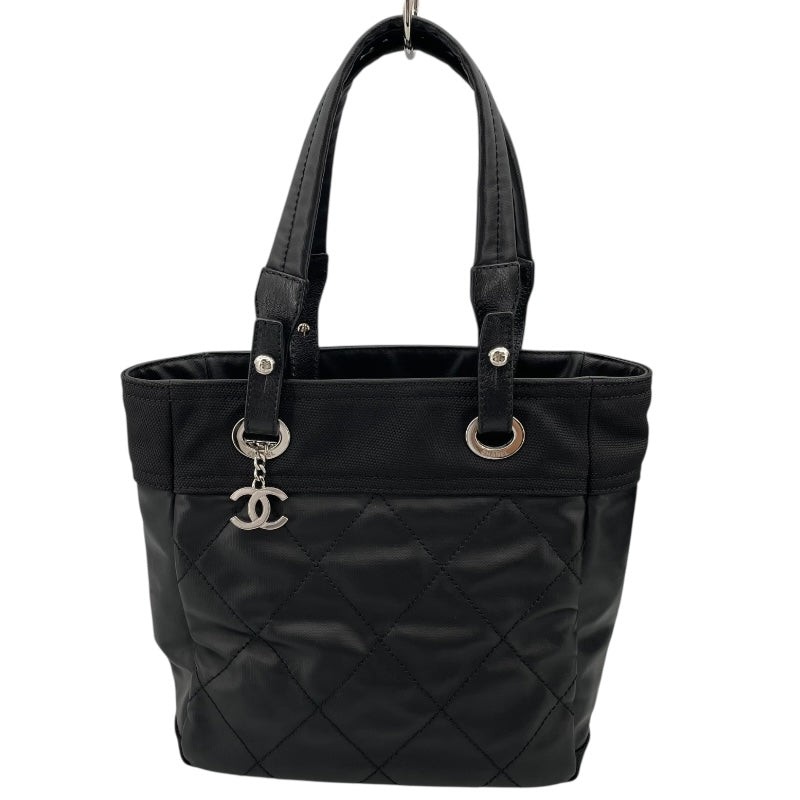 CHANEL Paris Biarritz PM Black Coated Canvas Tote Bag A34208 #2363