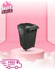 45 Gallon Trash Can with Wheels, Heavy Duty Plastic Garbage Bin, Attached Click