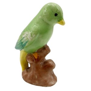 vintage ceramic Bird Figurine green feathers yellow beak perched on stump Japan