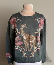 Vintage 80s Herman Geist Wool Novelty Sweater Dark Green Giraffe Safari Folk M