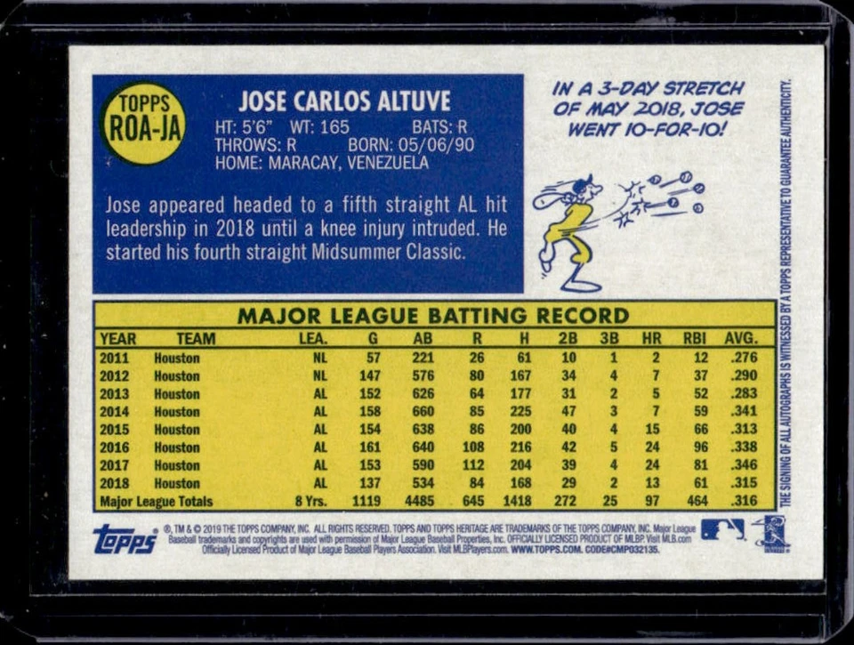 2019 Topps Heritage Jose Altuve Real One Auto Special Edition Red Ink #43/70 - Image 2 of 2