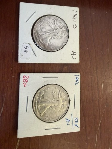 2 Silver US Half Dollars 50c Walking Liberty AU 1941D And 1943