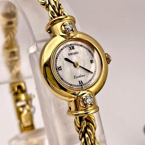 Seiko Exceline Wristwatch Shell Dial Gold Quartz Timepiece Vintage Rare