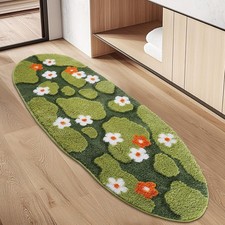 Green floral moss bathroom rug, non-slip, absorbent, and washable.