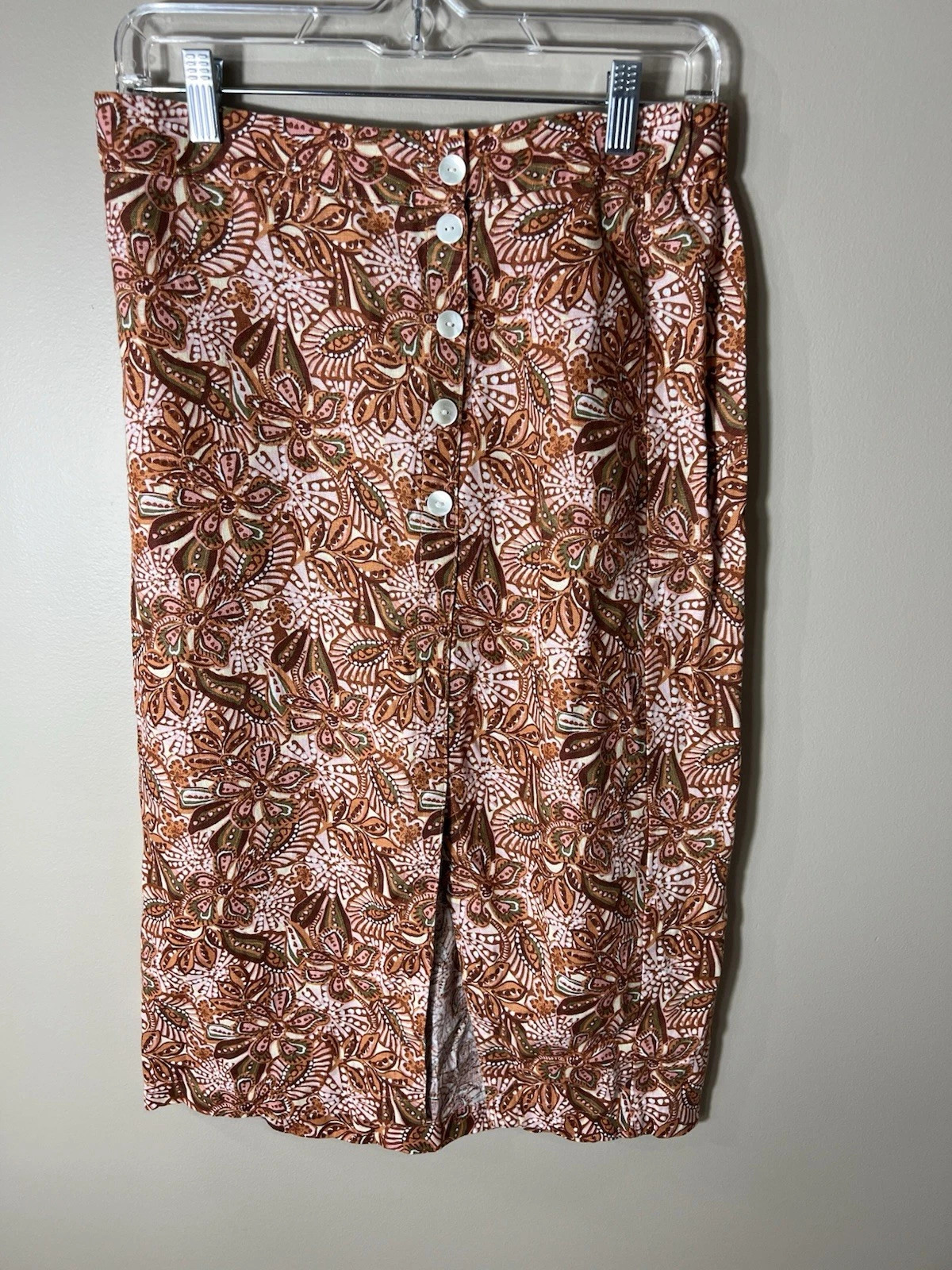 GARNET HILL Brown floral asymmetrical button Euro flax linen skirt Small