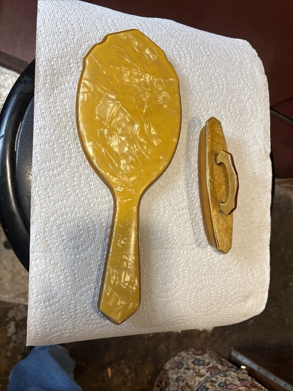 Vintage Celluloid Vanity Set- Mirror & Nail Buffer