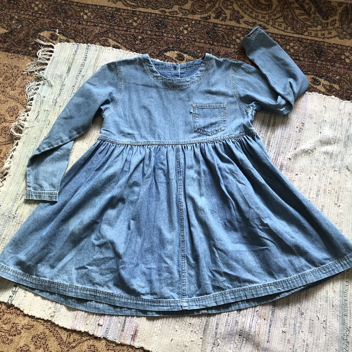 Vtg Levis Dress Girls Medium Jean Denim Babydoll Blue Long Sleeve