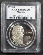 1993-S $1 J. Madison PCGS PR69 DCameo. 90% U.S. Silver Commemorative. (525035)