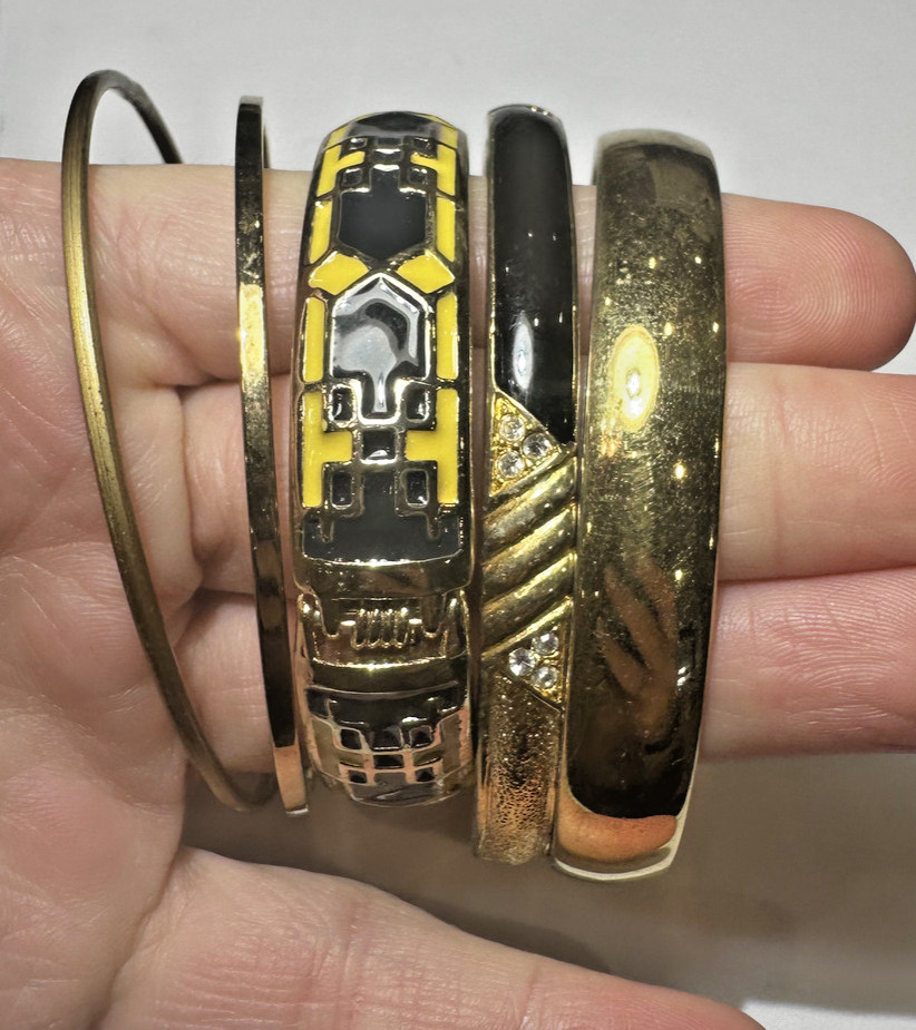 Chunky Stackable Gold tone Enamel Rhinestone Etch… - image 1