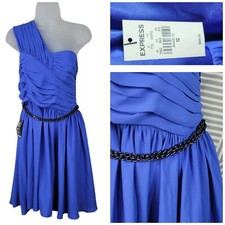 NEW Express size 12 party Dress Chain Belt Blue Pleated One Shoulder Flare NWT