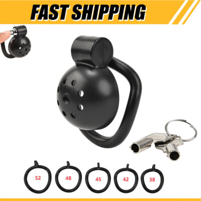 ABS+Metal Short Push Button Black Male Chastity Cage - Includes 5 Rings & Keys