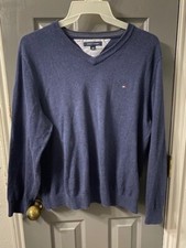 Tommy Hilfiger Men's Size Large Pullover Sweater Vneck Classic Knit Logo Blue