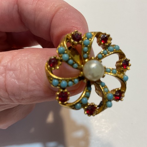 Vtg Pinwheel Swirl Gold Tone Brooch Pin Faux Turquoise Red Glass Rhinestones - Picture 3 of 8